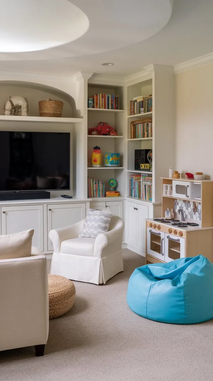A cozy carpeted playroom seamlessly blends entertainment with learning, featuring a TV, comfy seating, built-in shelves stocked with toys and books, and a playful kitchen nook