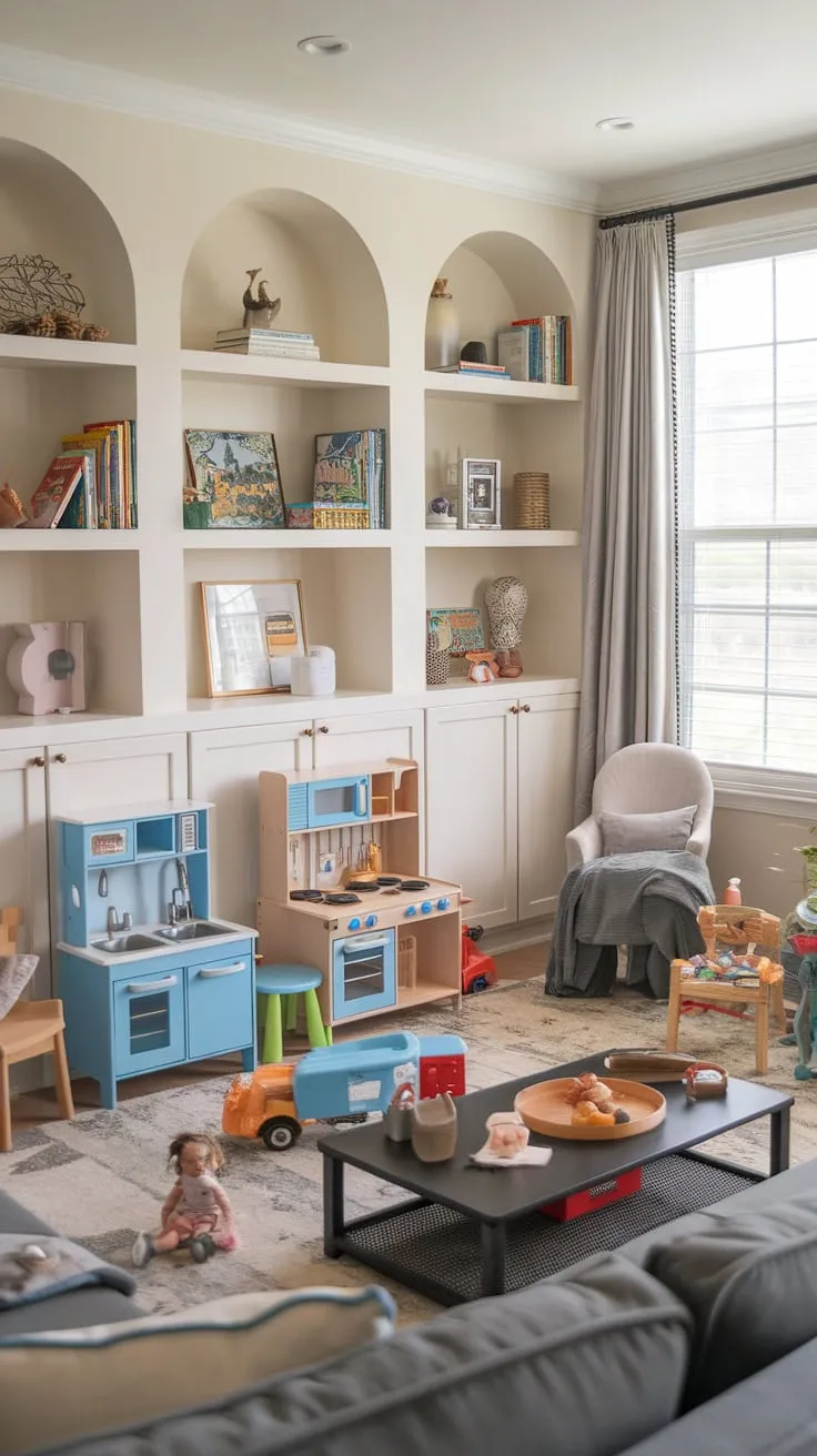 A vibrant living room seamlessly blends playful fun with cozy relaxation, featuring a comfy seating area alongside a child's imaginative play space.