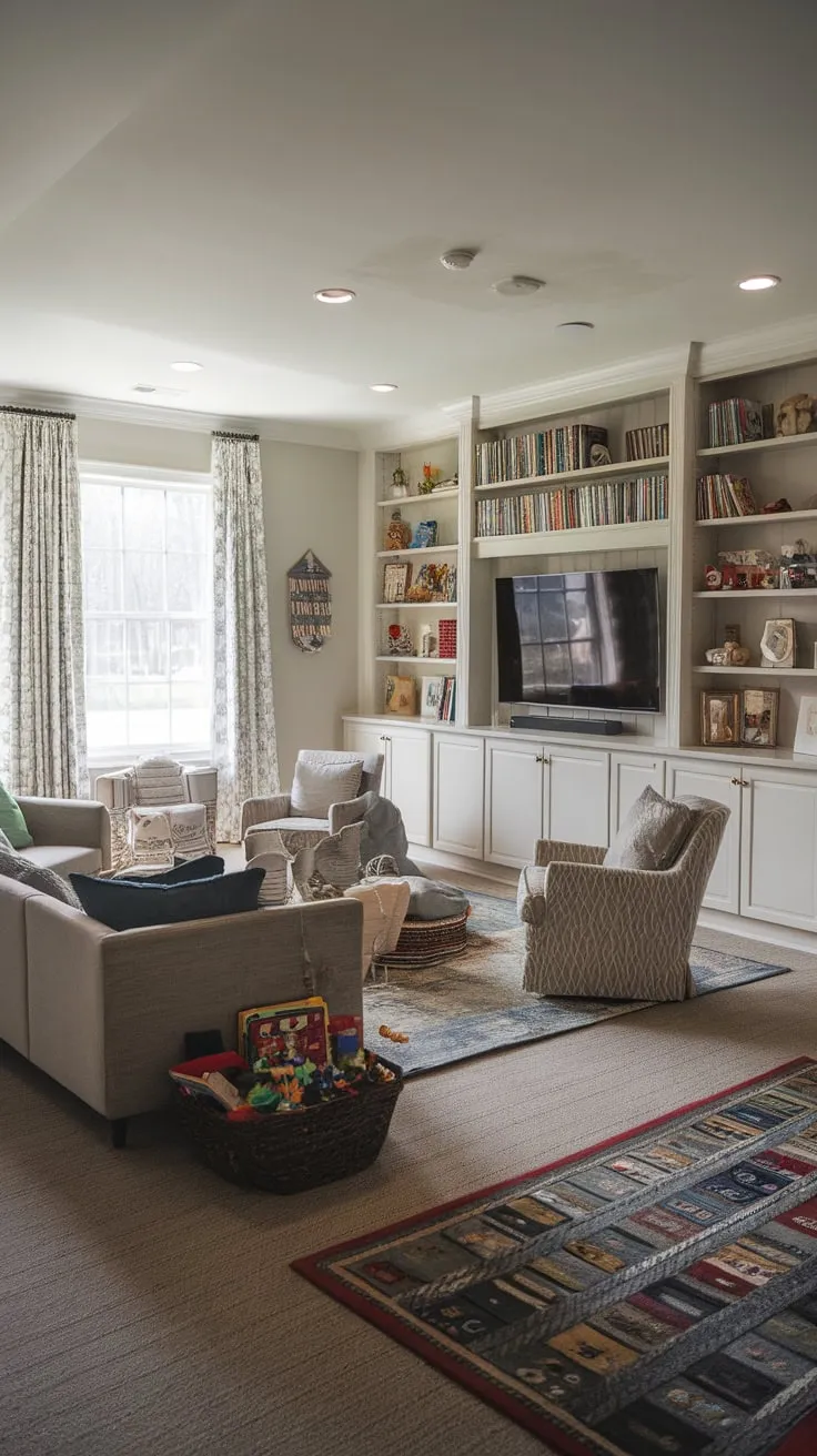 A cozy carpeted playroom seamlessly blends family TV time with a dedicated lounge area, offering both playful fun and relaxed comfort.