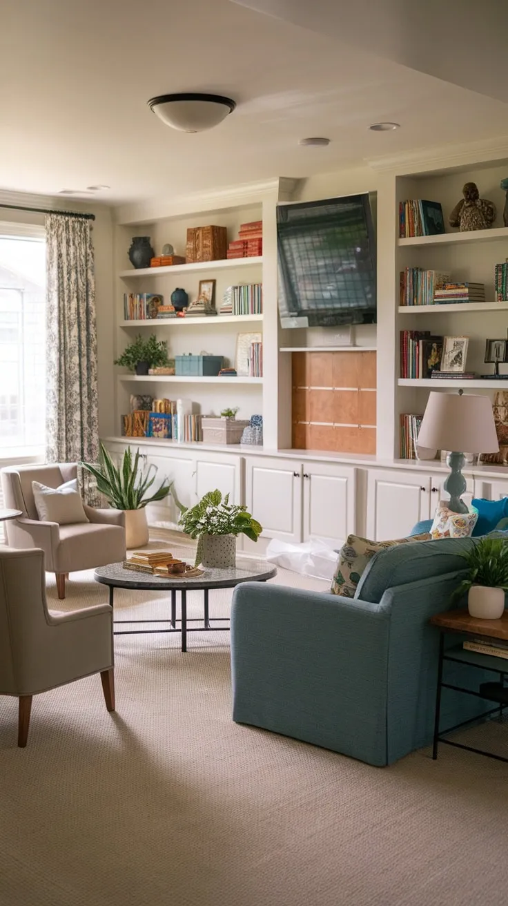 Modern and vintage furniture create a welcoming playroom and TV room combo, seamlessly blending entertainment and playtime in a carpeted space filled with books, toys, and a mounted TV.