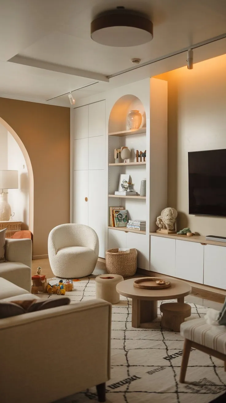 A cozy playroom TV combo offers a relaxing space for both playtime and movie nights, uniting comfort and entertainment in a neutral palette.
