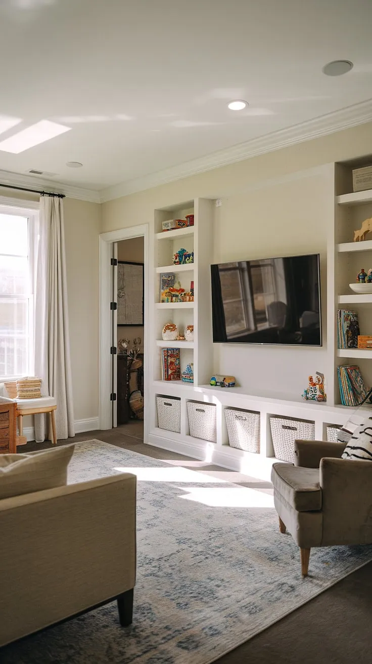 A playroom tv room combo designed for fun and relaxation.  The playroom over garage (or wherever it may be!) features a cozy couch and chair, making it the ultimate kids tv playroom and game room playroom combo.  Clever built-in shelves in playroom keep things tidy, creating a stylish lounge room playroom.  Plenty of natural light brightens this playroom entertainment room.