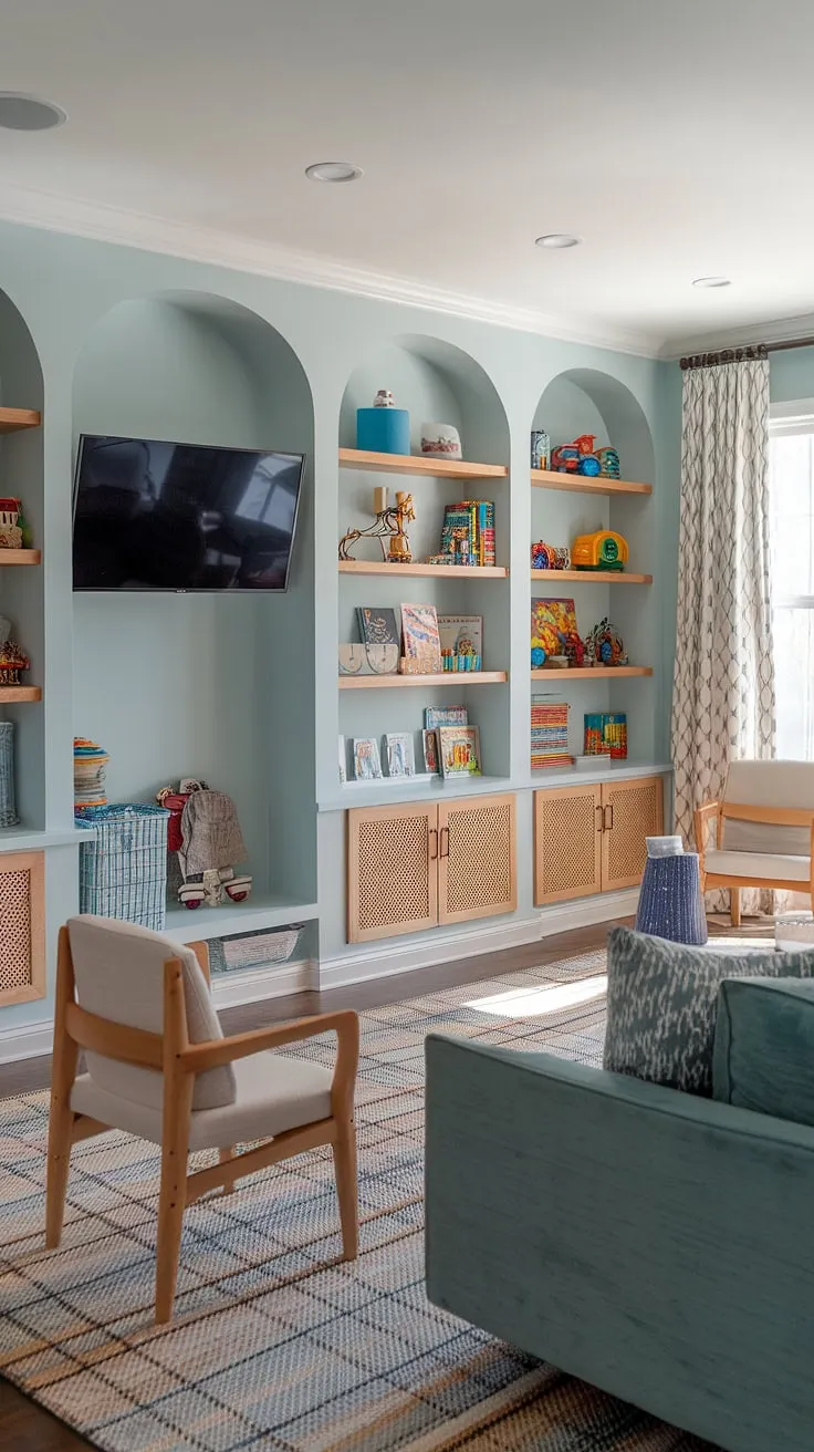 A playroom entertainment room that's both stylish and practical.  This playroom tv room combo features a thoughtfully designed layout with a cozy sofa and chairs, perfect for adults to relax while kids enjoy the kids tv playroom area.  The built-in shelves add storage and charm, making it an ideal game room playroom combo or even a playroom over garage solution.