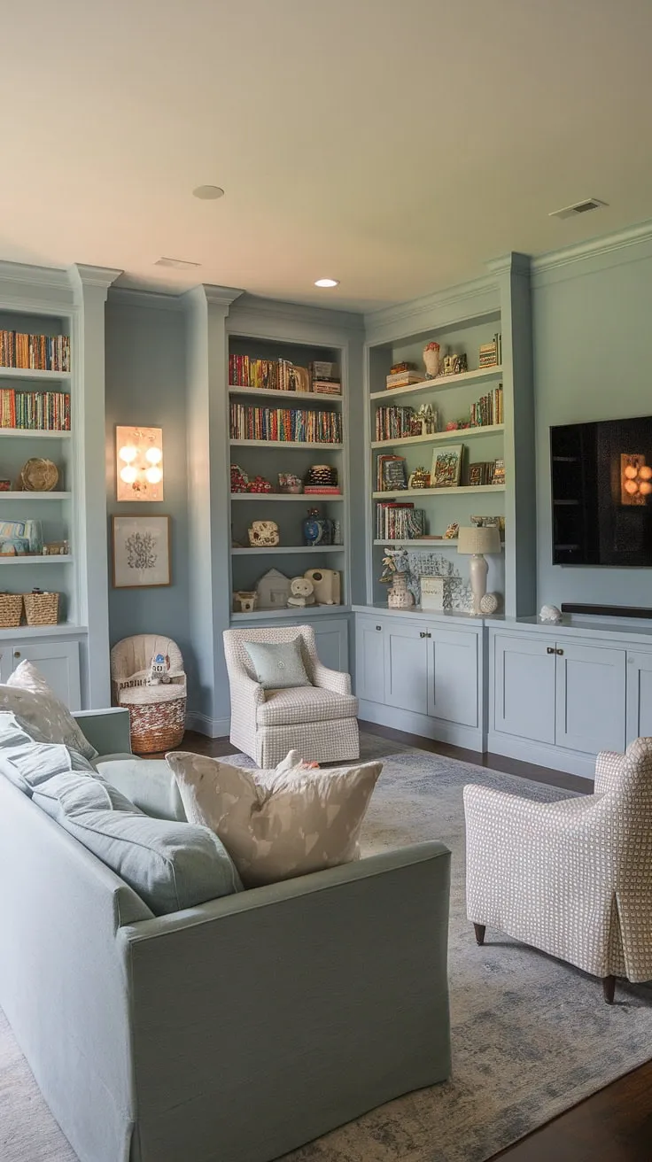 Dreamy soft blue walls and warm lighting set the scene in this kids tv playroom.  This playroom entertainment room is a masterclass in functionality and style, with a comfy lounge area perfect for family time.  The clever use of built-in shelves in the playroom maximizes storage, while the TV provides endless entertainment.  Whether it's a playroom over garage or a dedicated space, this combined lounge and playroom is a winning design for any family home.  Consider this your inspiration for girls tv room ideas.