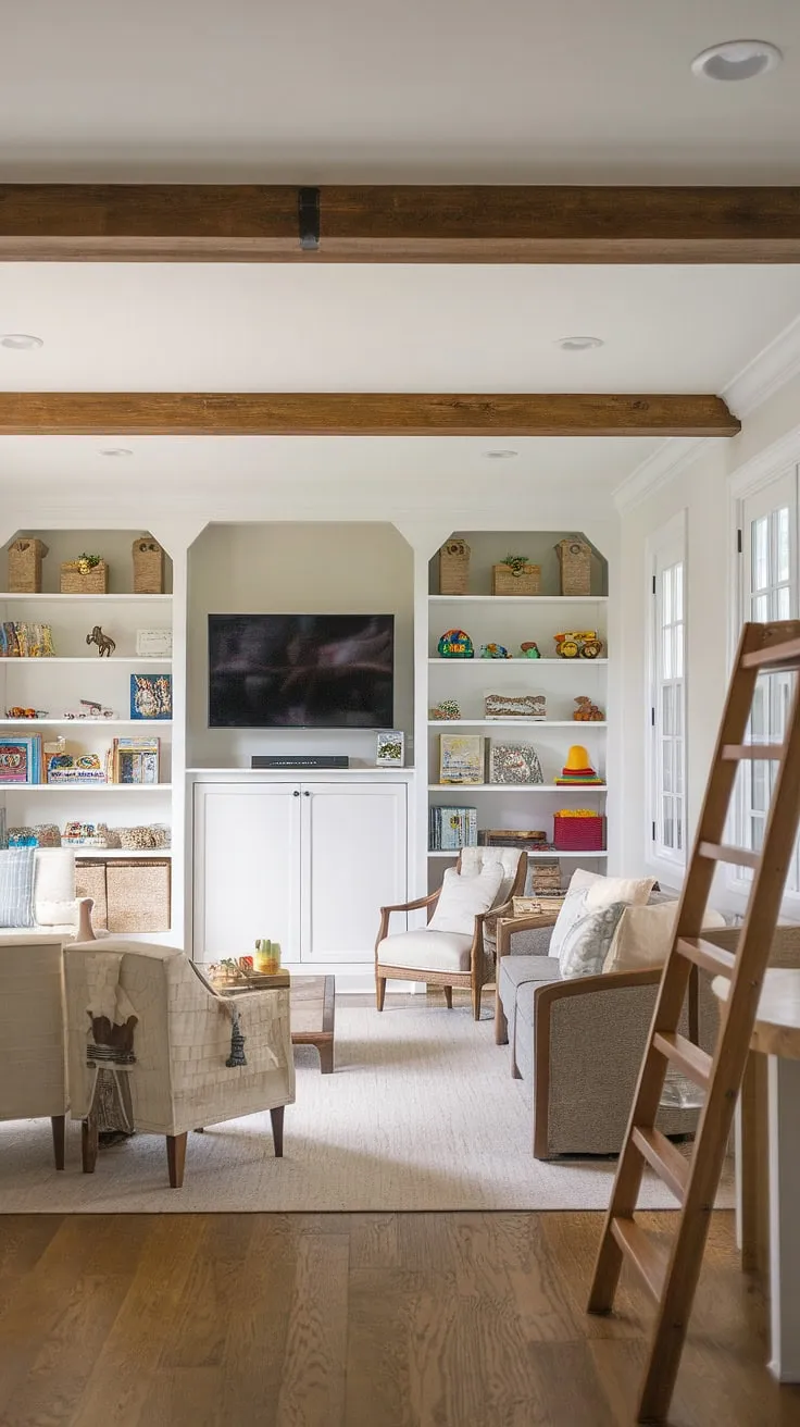 This combined lounge and playroom seamlessly blends entertainment and playtime.  The built-in shelves overflowing with toys and books, coupled with a cozy couch and chairs, create the perfect kids tv playroom. The rustic wooden beams and ladder leading to a loft add a touch of charm, making it a unique playroom over garage or even a playroom in living room solution.  This girls tv room ideas inspiration is a fantastic playroom entertainment room and game room playroom combo.