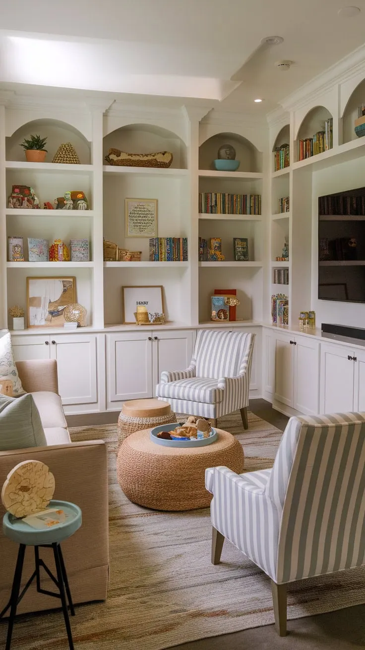 Cozy couches and a mounted TV create a family-friendly haven where learning and leisure meet in a thoughtfully designed playroom-TV room combo.