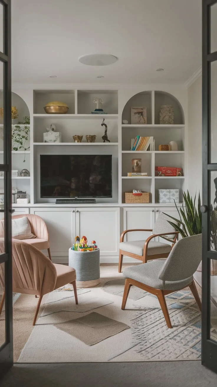 A versatile playroom-TV lounge seamlessly blends child's play with adult relaxation, featuring built-in shelving and comfortable seating