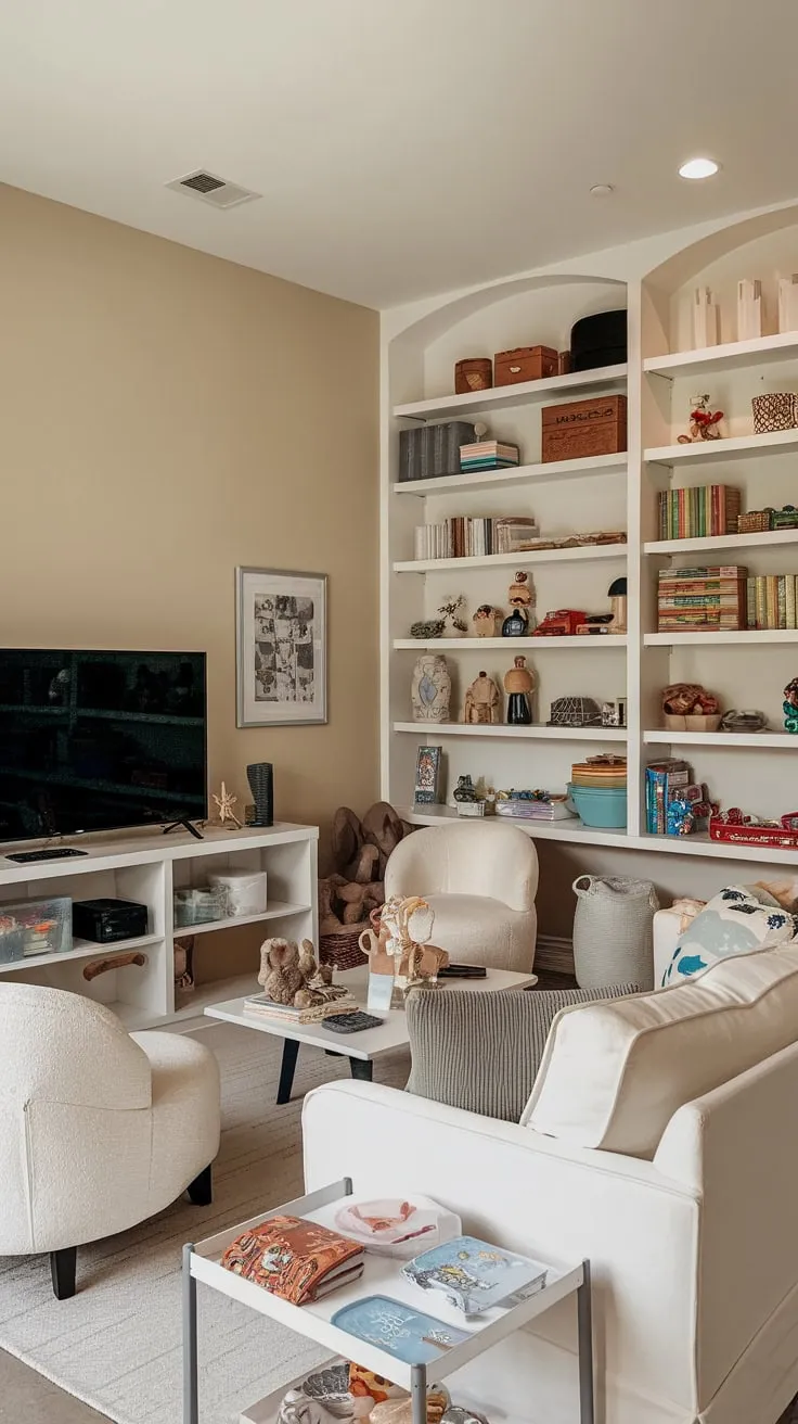 A beige-walled playroom seamlessly blends comfortable seating with toy-filled shelves and a TV for family fun