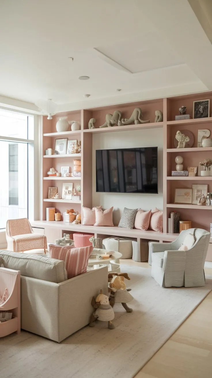 Modern design unites play and relaxation in a sunlit room featuring built-in toy storage, comfy seating, and a large screen TV.