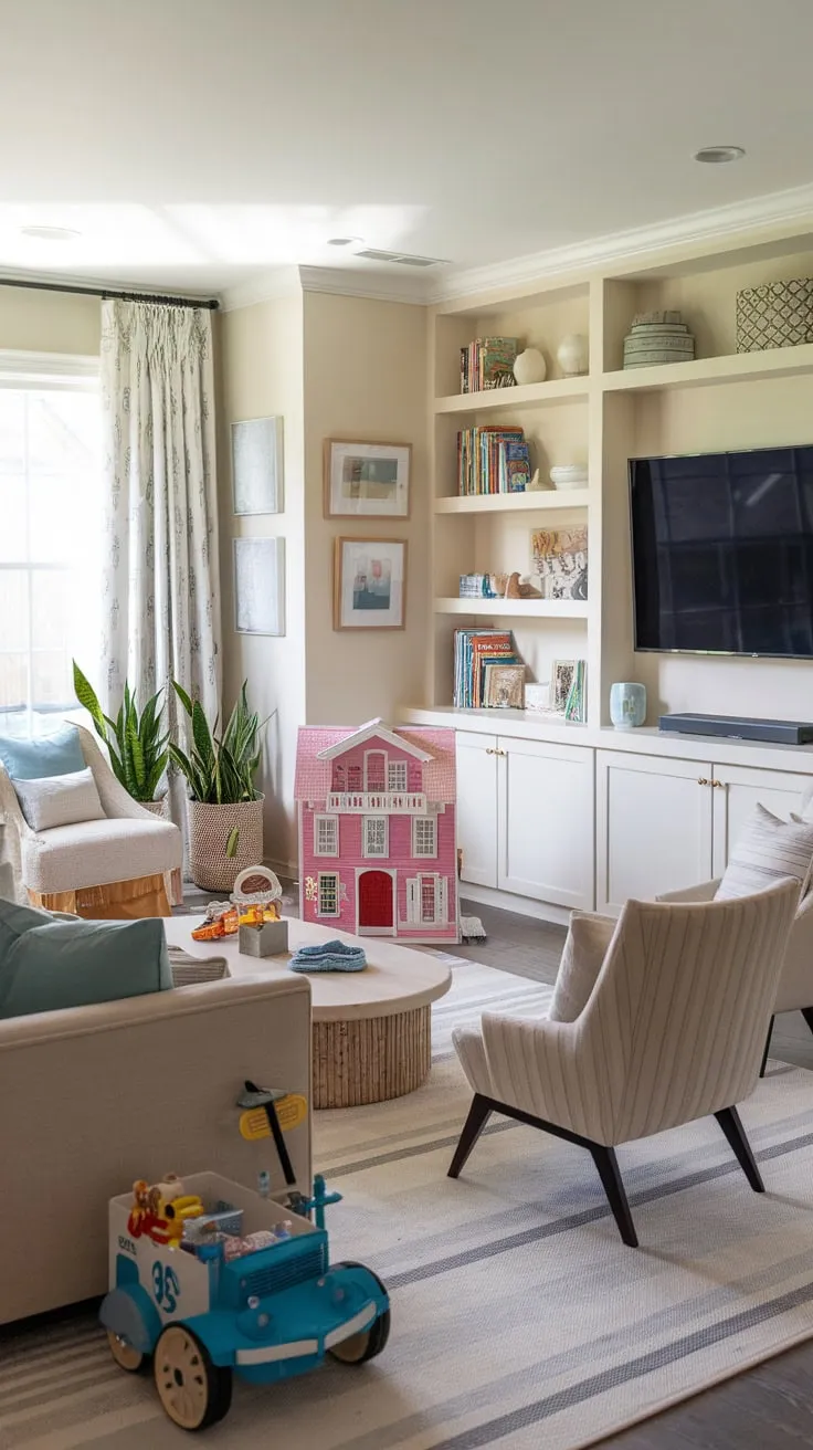 A light and airy space cleverly combines a family-friendly TV area with a playful environment for kids, featuring both comfy seating and engaging toys.