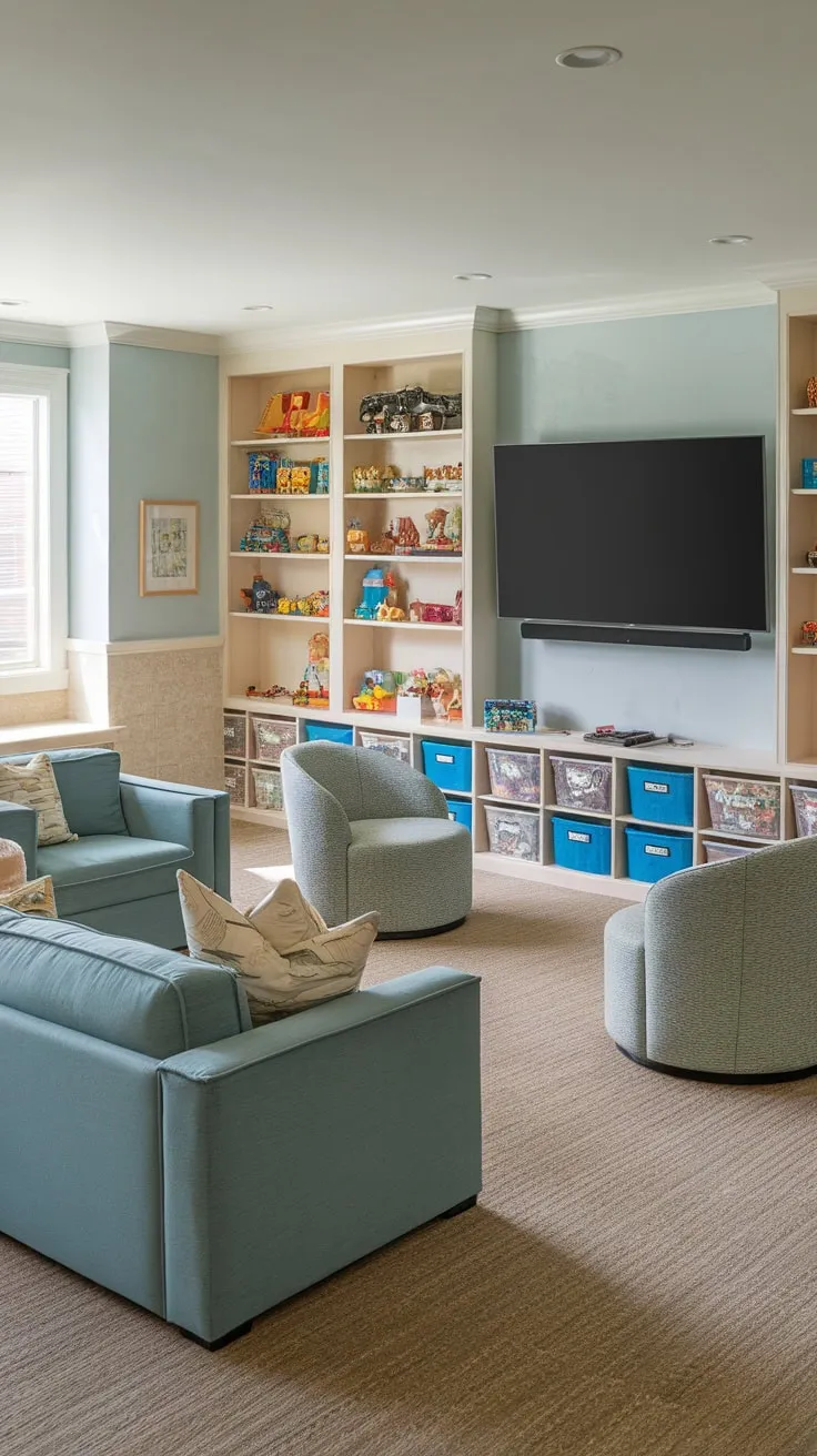 Beige carpet and a window complete this inviting combined playroom and TV room.
