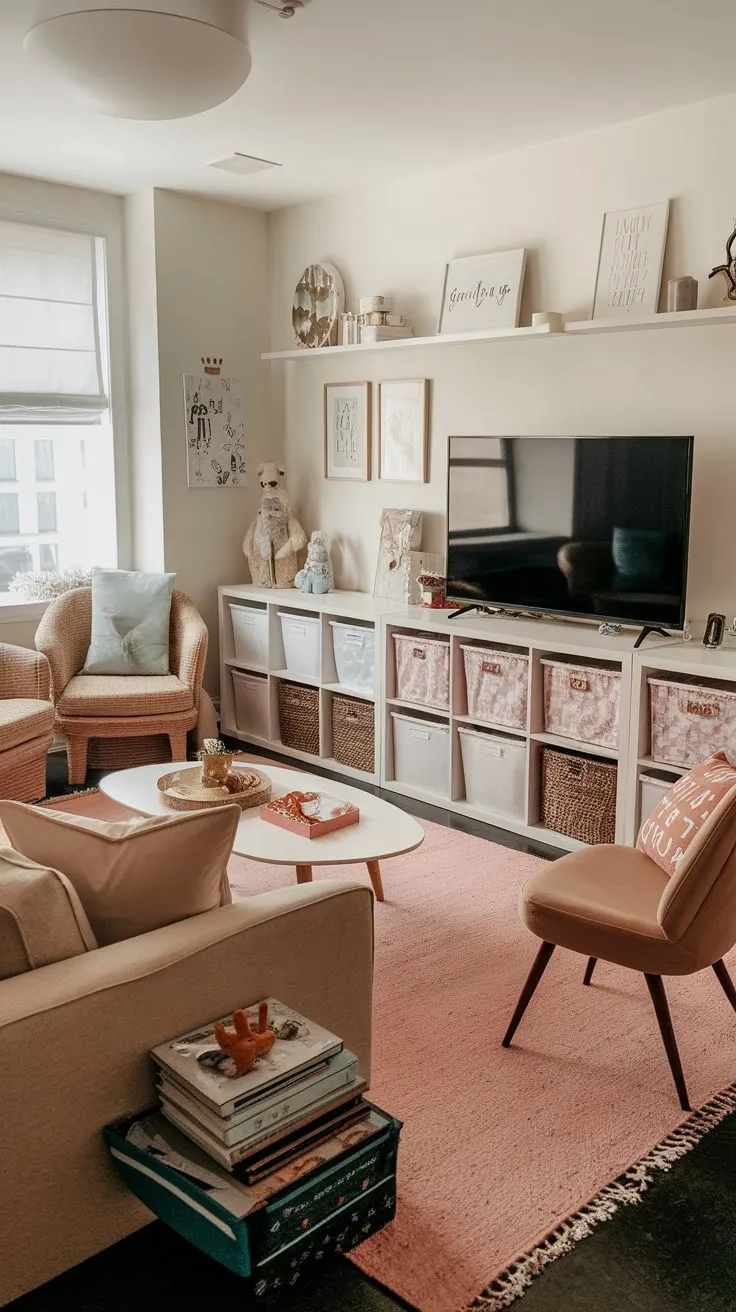 Relax and play in this combined space featuring a comfy sofa, bookshelves brimming with toys, and a TV for family entertainment.