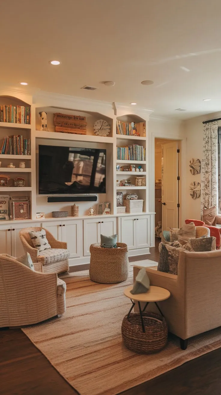 A warm inviting space seamlessly blends playful energy with relaxing comfort in a combined playroom and TV lounge featuring built-in shelving, comfy seating, and soft lighting