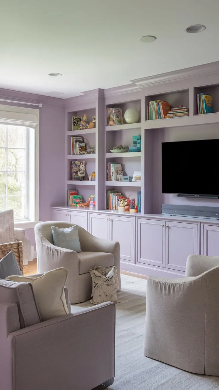 A calming gray and beige playroom/TV room offers both relaxation and fun, featuring a TV, comfy seating, and built-in shelves stocked with toys and books.