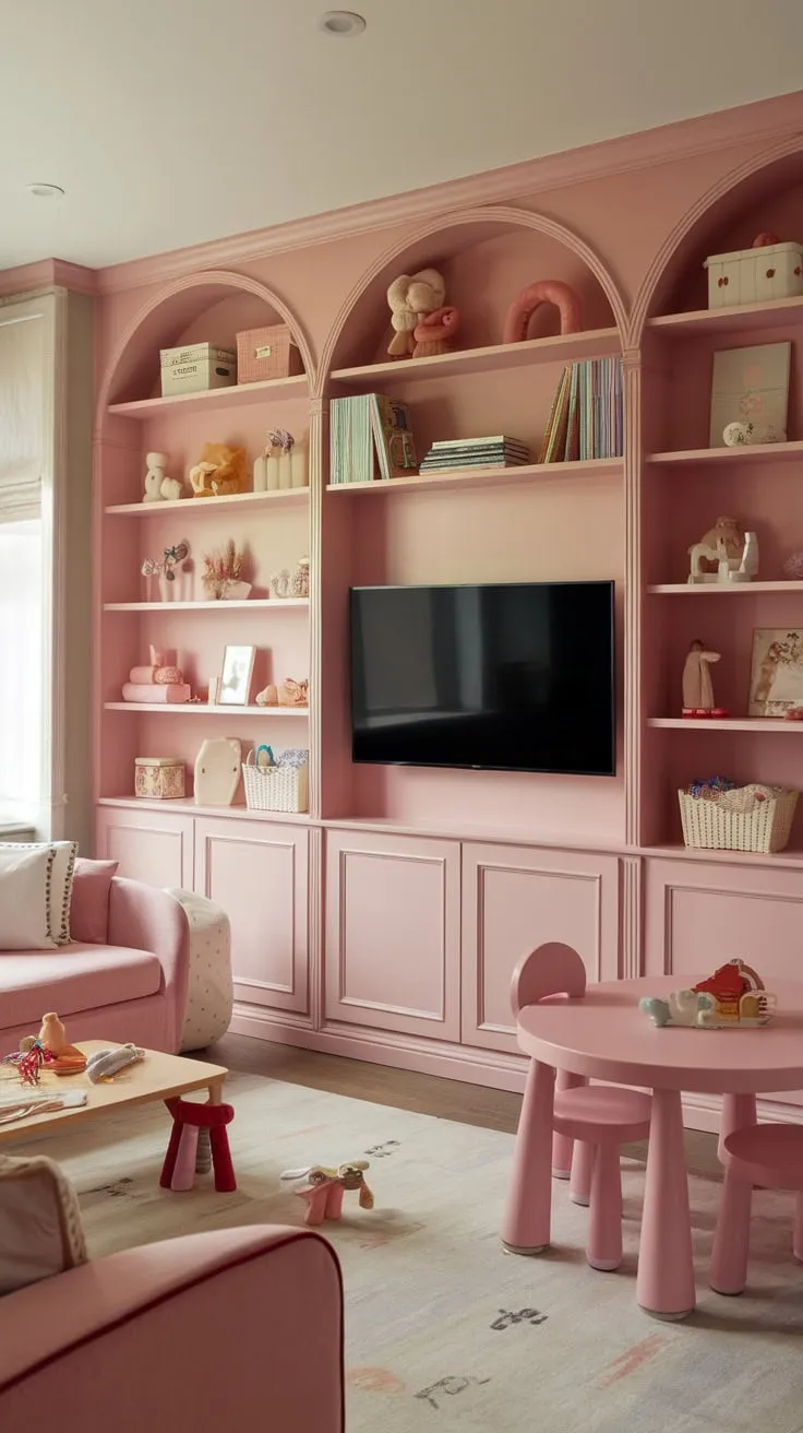 A charming pink playroom combines entertainment and playtime, featuring a TV, built-in shelves stocked with toys and books, and cozy furniture.