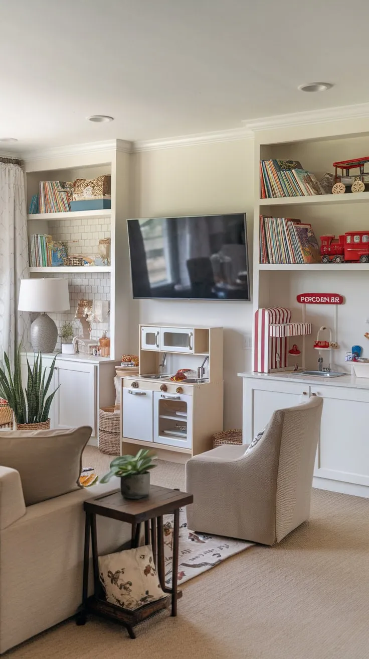 Transform your living room into a playful haven with a TV, comfy seating, and cleverly integrated toy storage, creating the perfect playroom-TV room combo.
