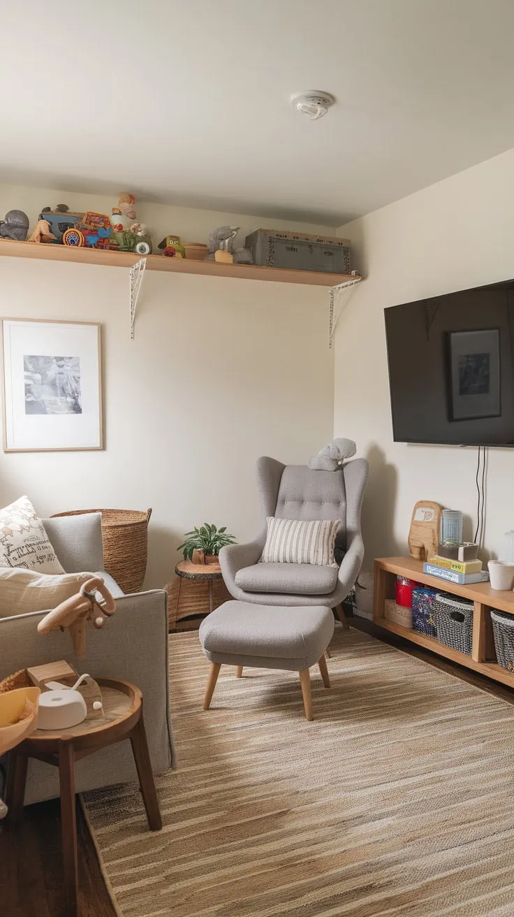 A cozy living room seamlessly blends play and relaxation with a sofa, comfy chair, toy shelf, and mounted TV, creating the ultimate playroom-TV room combo.