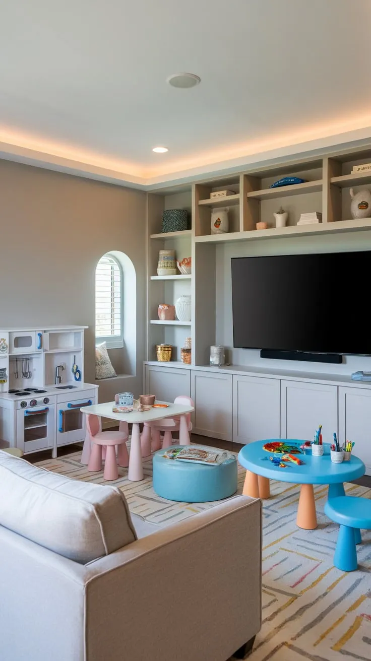 A cozy playroom and TV room blend seamlessly, offering entertainment and creative fun in one softly lit space
