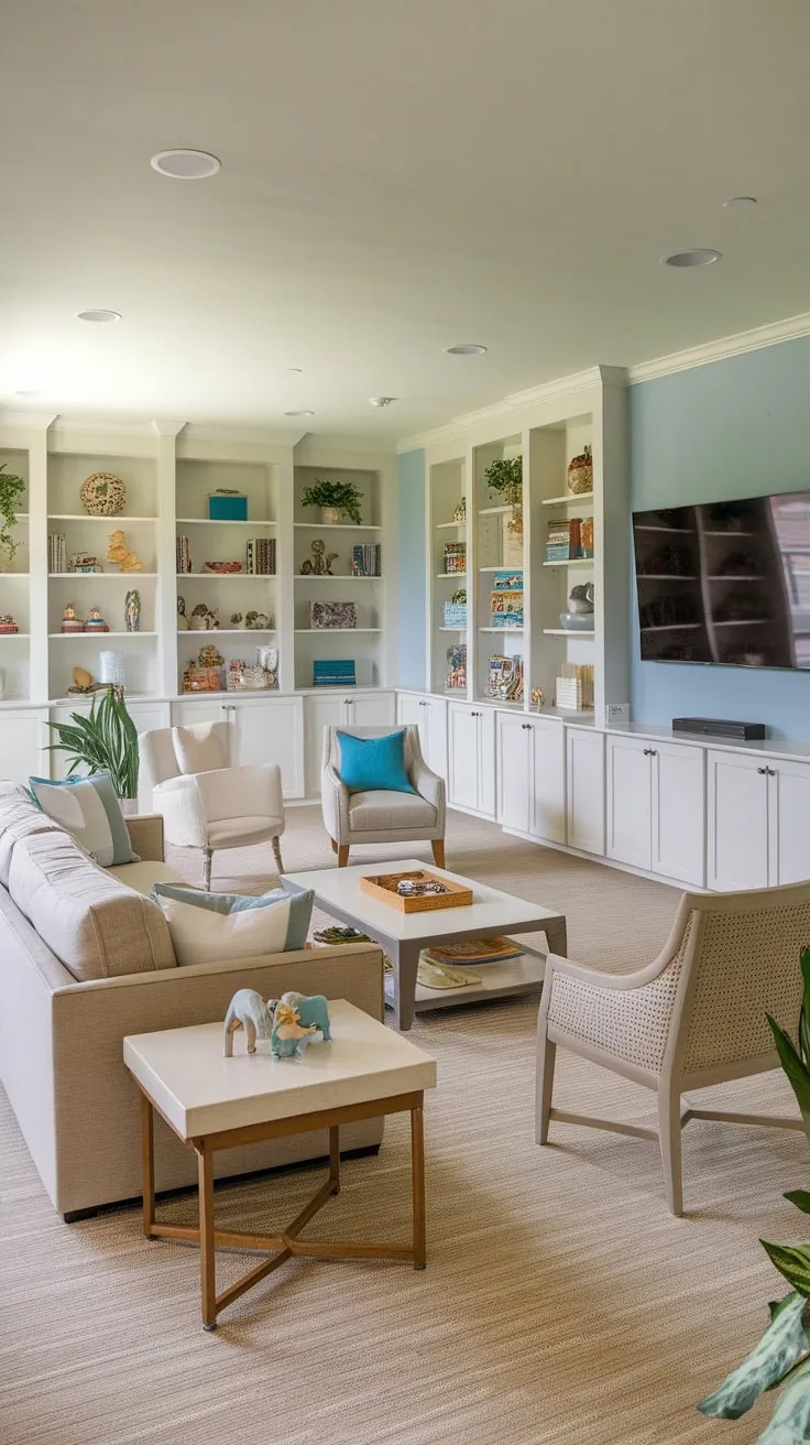 A light blue haven seamlessly blends family playtime with relaxation, featuring a comfy seating area, built-in toy shelves, and a wall-mounted TV.