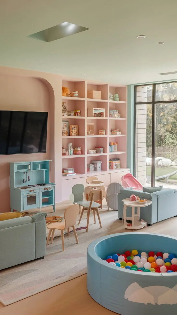 Soft pastel colors create a calming atmosphere in a combined playroom and TV lounge, complete with a play kitchen, slide, ball pit, and comfy seating for family fun.