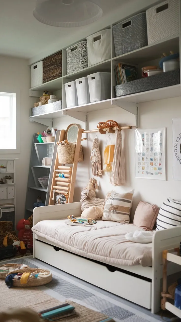 This playroom with daybed is the ultimate space-saving solution!  The IKEA daybed provides a comfy spot for naps and guests, while the playroom wall of storage keeps toys organized.  Perfect as a play guest room combo or even a bedroom and toy room combo, this design offers versatile functionality.  Plenty of playroom daybed ideas are incorporated here, making it a dream for both kids and parents.  Consider this a playrooms with daybeds inspiration for your own home.