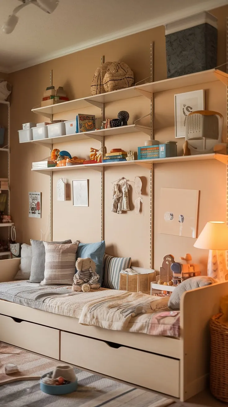 This ikea daybed playroom is a parent's dream!  The built-in playroom wall of storage keeps toys organized, while the daybed provides a quiet space for reading or a comfy spot for overnight guests.  This bedroom and toy room combo is a brilliant example of playrooms with daybeds, offering a functional and stylish solution for families needing a multi-purpose space. Consider this day bed playroom design for your own ikea daybed nursery or playroom and spare bedroom.