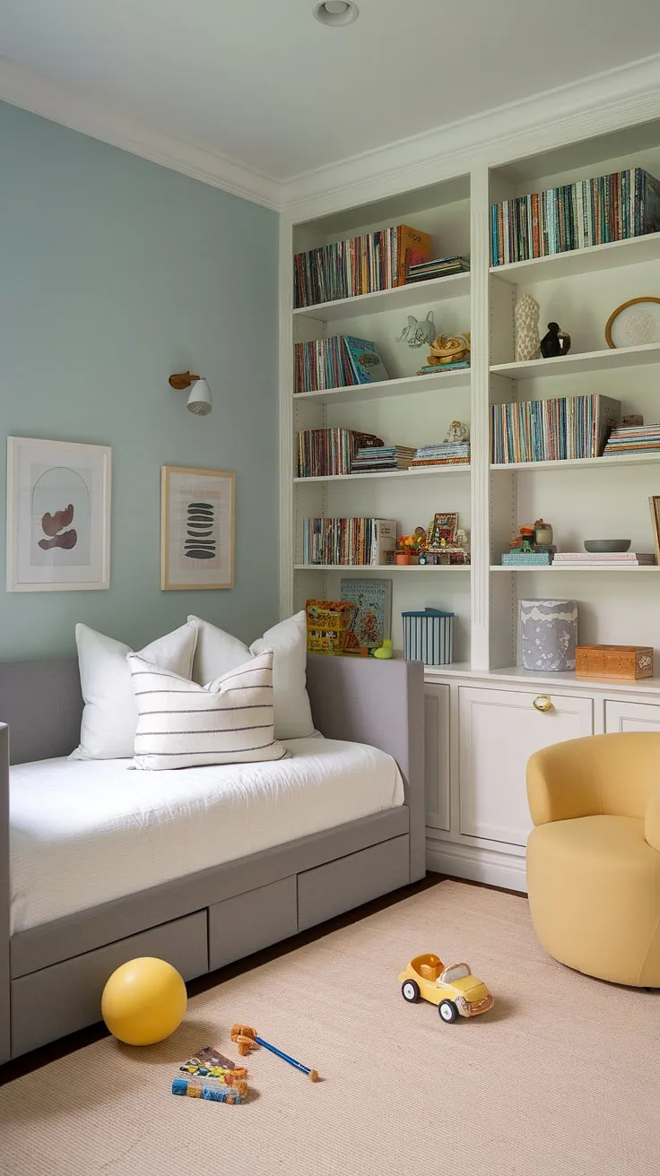This dreamy playroom with daybed effortlessly blends function and style. The IKEA daybed provides a comfy spot for reading or naps, while the playroom wall of storage keeps toys organized.  Perfect as a play guest room combo, this space cleverly combines a bedroom and toy room combo, offering versatile day bed playroom ideas.