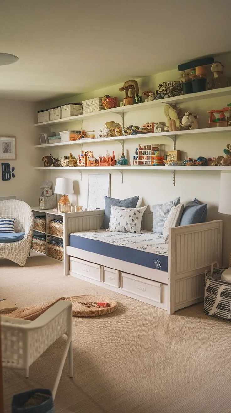 This cozy playroom with daybed is the perfect blend of fun and functionality.  The IKEA daybed provides a comfy spot for playtime or overnight guests, transforming this space into a versatile play guest room combo.  Clever playroom wall of storage keeps toys organized, maximizing space in this bedroom and toy room combo.  Plenty of playroom daybed ideas are showcased here, proving that a day bed playroom can be both stylish and practical.