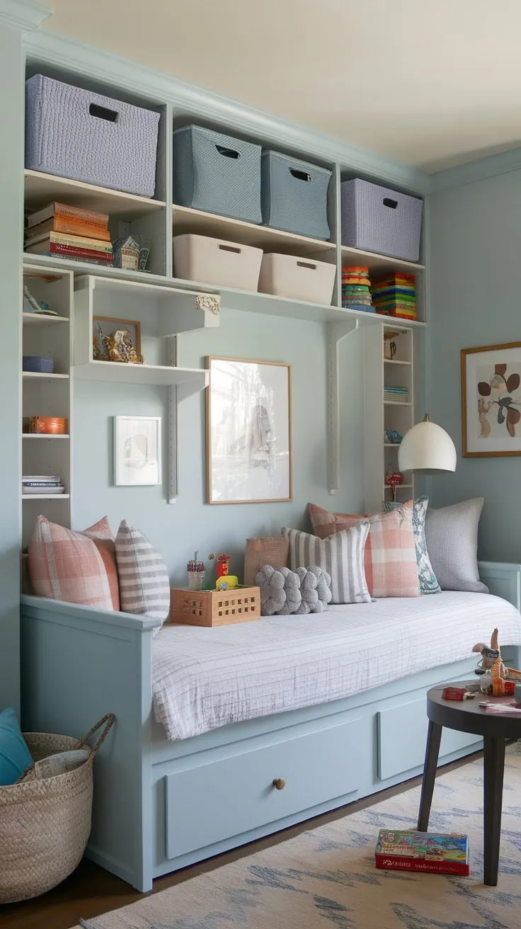 A light blue playroom features a comfy daybed, ample storage, and playful accents, perfect for rest and imaginative fun