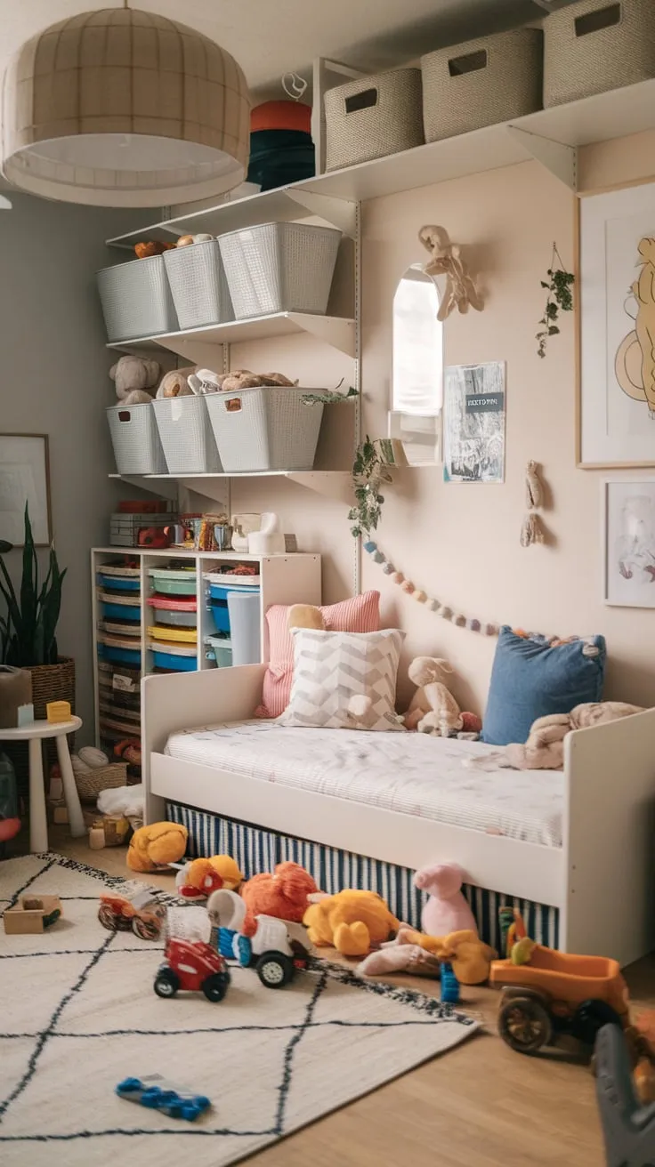 A cozy playroom features an Ikea daybed nestled amongst abundant toys and practical shelving.