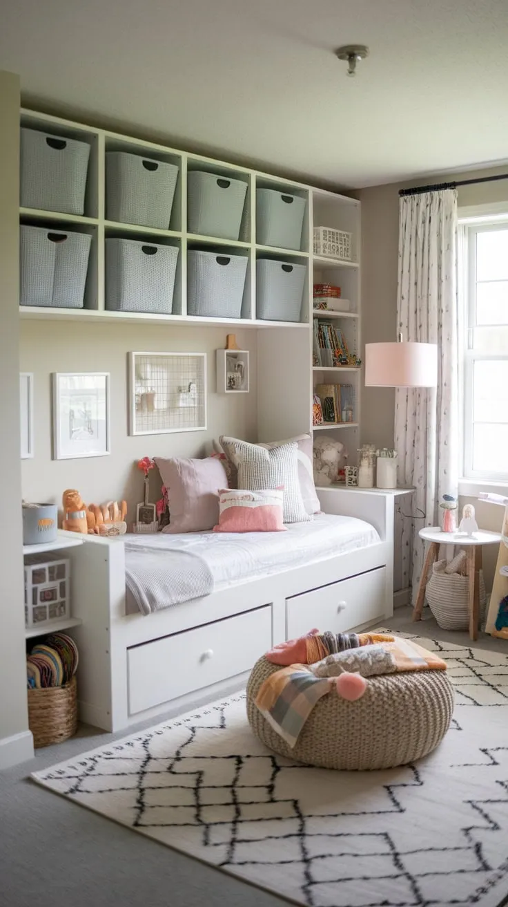 A bright playroom features an Ikea daybed, ample storage, and cozy furnishings perfect for playtime and rest