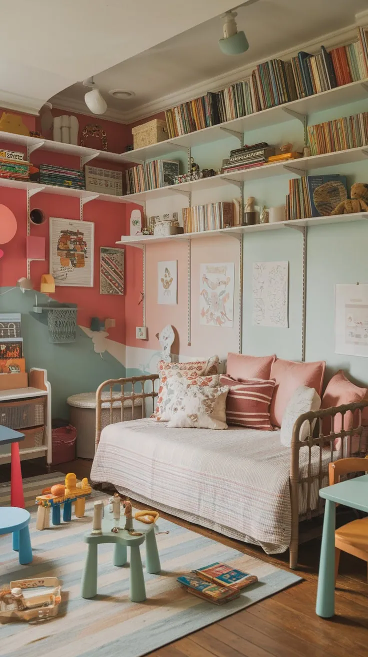 A cozy daybed anchors a playful space filled with toys, books, and bright furniture against a backdrop of warm wooden floors and colorful shelves.