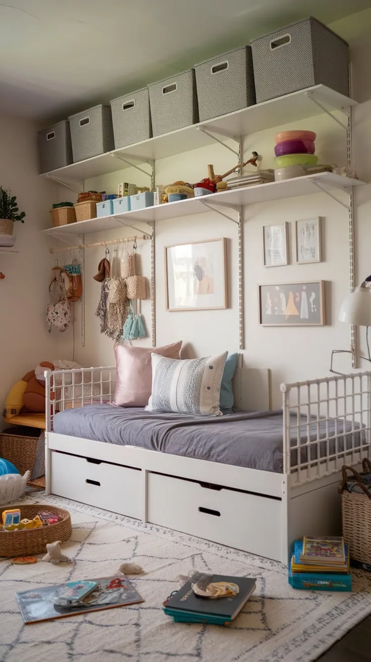 A cozy playroom features a white daybed, ample storage, and a playful scattering of toys and books.