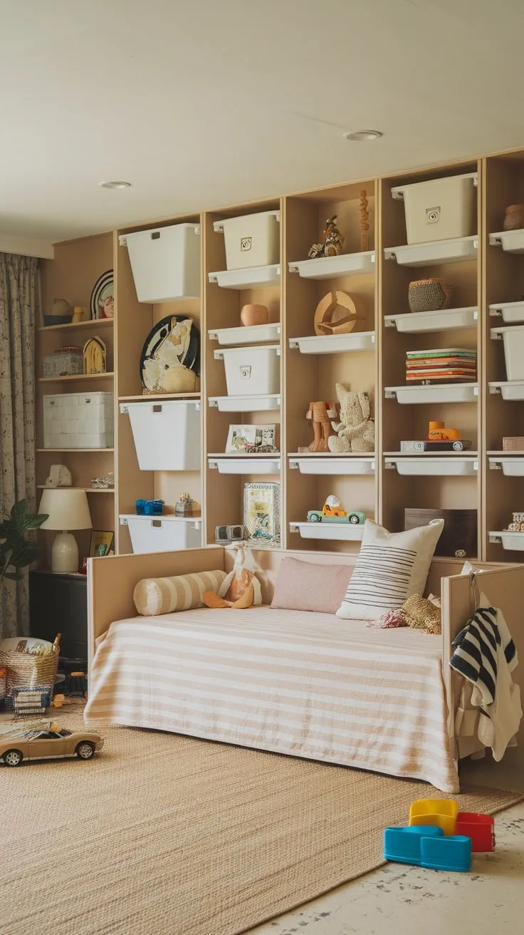 A bright playroom features a striped daybed nestled amongst toys and storage, creating a cheerful and functional space