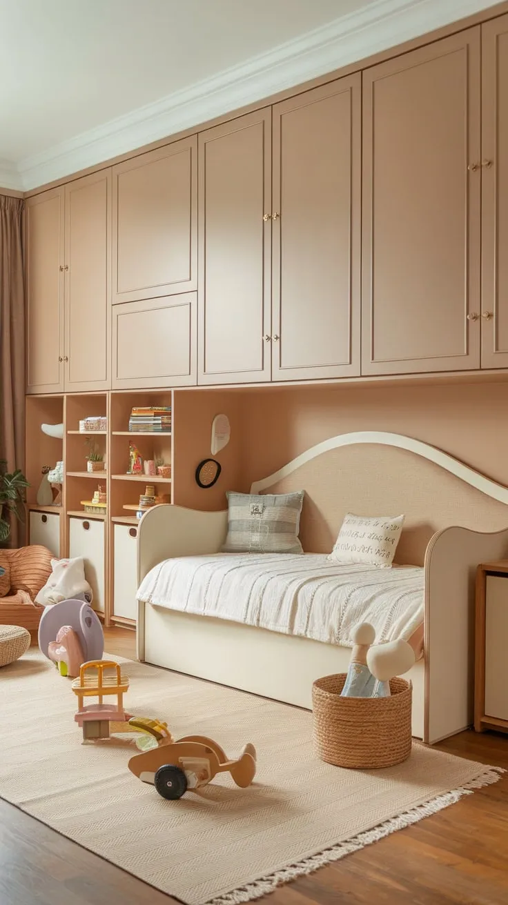 A serene playroom features a white daybed and beige storage, creating a calming yet playful space for children.