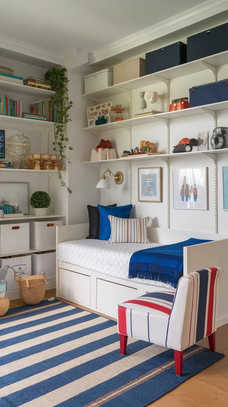 A blue and white playroom features a comfy daybed, built-in storage overflowing with toys and books, creating a fun and functional space.