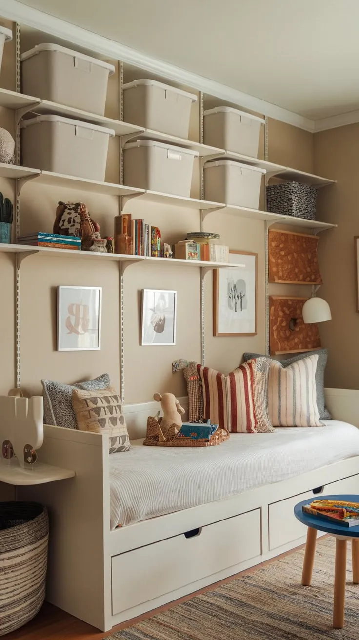 A cozy beige playroom features a daybed for rest, ample storage, and a playful atmosphere perfect for kids