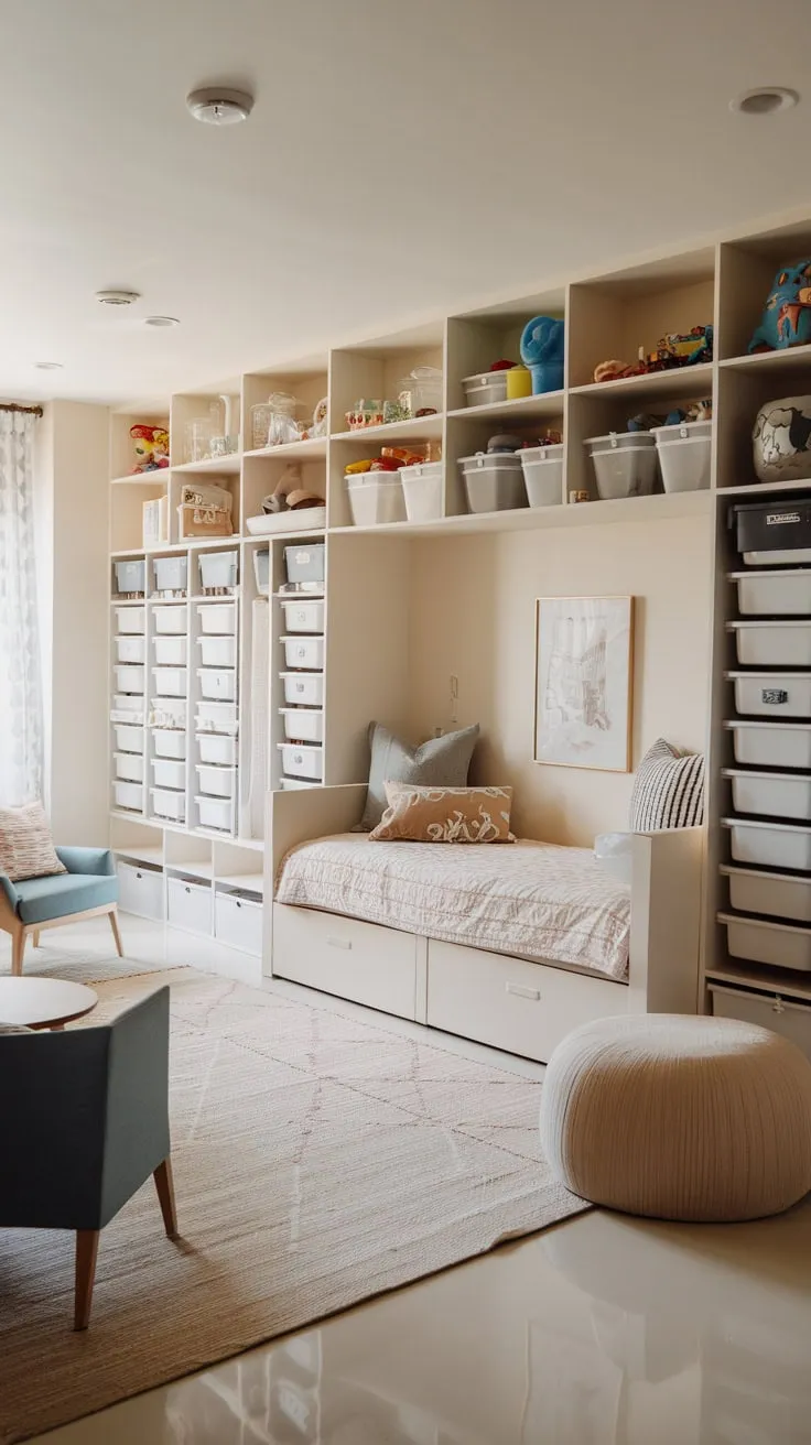 A bright playroom features a comfy daybed, ample toy storage, and a welcoming space for play and rest