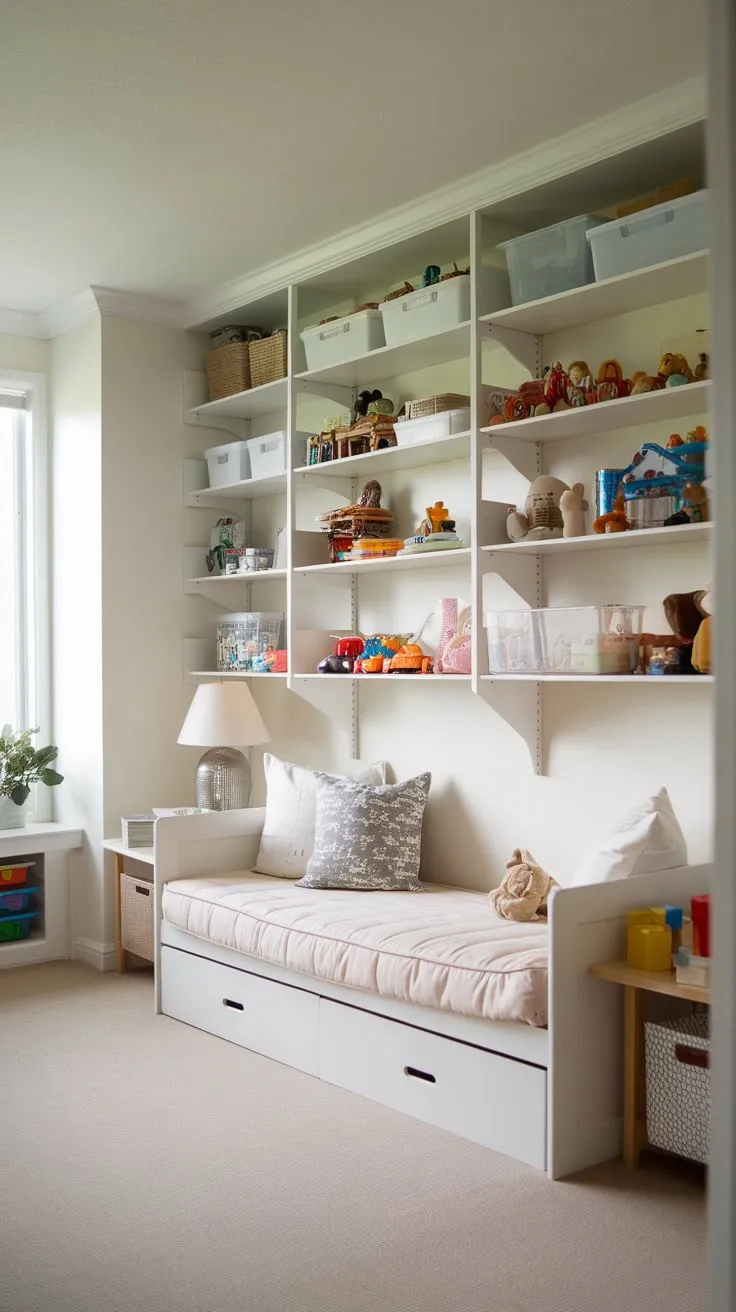 A bright playroom features an Ikea daybed nestled beneath a window, complemented by ample toy storage and a cozy reading nook.