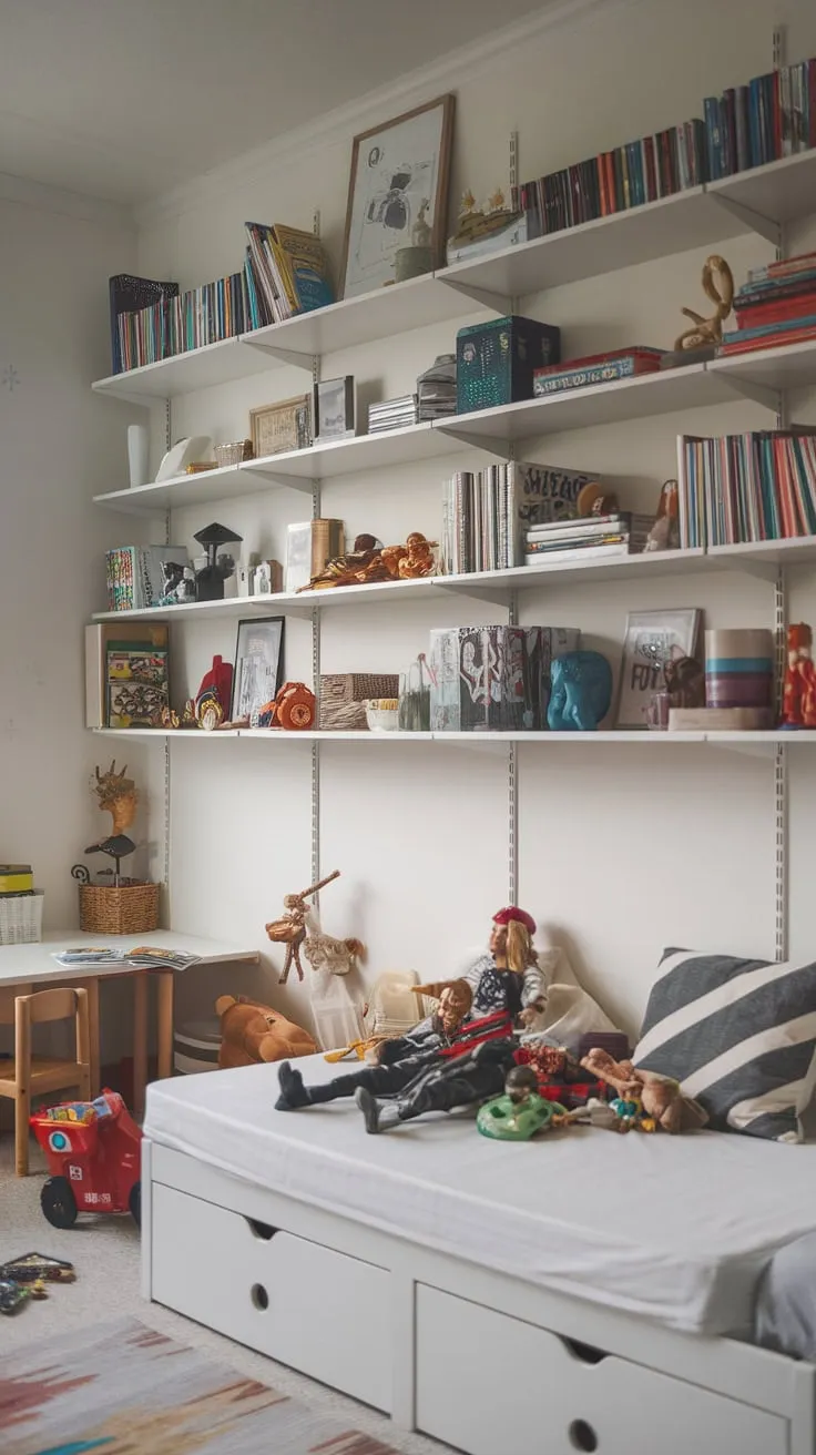 An IKEA daybed anchors a vibrant playroom brimming with toys, books, and playful furniture.