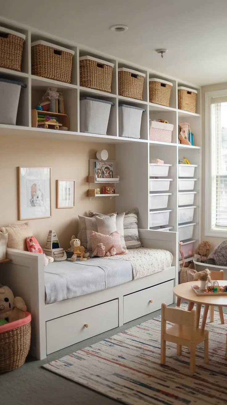 This playroom with daybed is the ultimate space-saving solution!  The IKEA daybed cleverly transforms from a cozy play area to a guest bed, making it the perfect play guest room combo.  The playroom wall of storage keeps toys organized, while the day bed playroom design offers a comfy spot for reading.  Plenty of playroom daybed ideas are incorporated here, making it a functional and stylish bedroom and toy room combo.  Even an IKEA daybed nursery could borrow inspiration from this design.