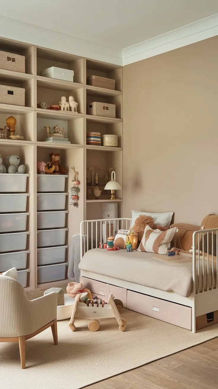 A calming oasis for little ones! This IKEA daybed nursery doubles as a stylish playroom with daybed, offering a comfortable spot for rest and play.  The built-in playroom wall of storage keeps clutter at bay, while the neutral palette creates a serene atmosphere.  This playrooms with daybeds design is a perfect example of a playroom and spare bedroom combination, effortlessly blending functionality and style.  Find inspiration for your own day bed playroom design in this beautiful space.