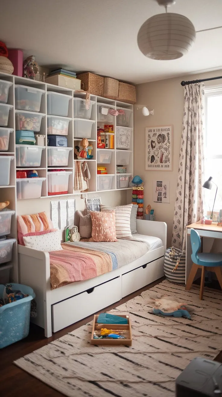 Dreamy and practical, this ikea daybed nursery doubles as a playroom and spare bedroom.  The ikea daybed playroom setup maximizes space, with a playroom wall of storage keeping things tidy.  This playrooms with daybeds design is a perfect example of a versatile playroom and spare bedroom, or even a bedroom and toy room combo, showcasing clever playroom daybed ideas.