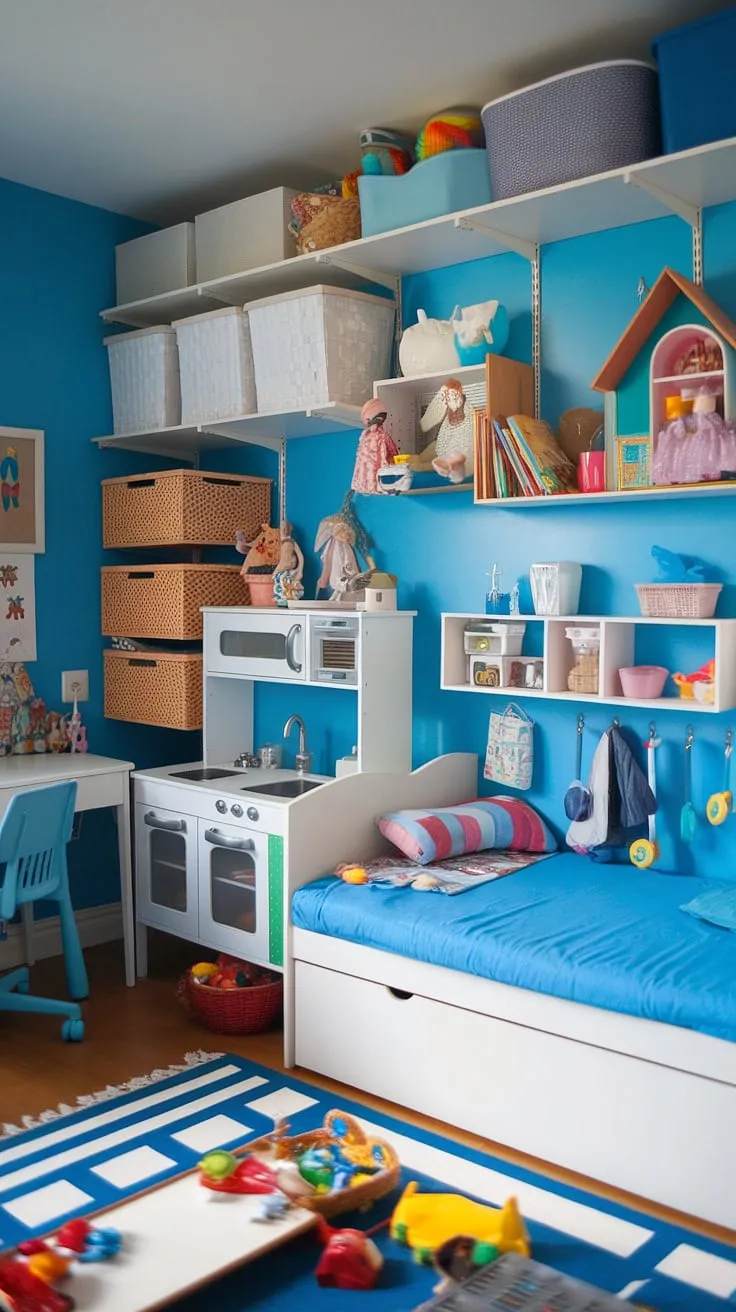 Dreamy and functional, this playrooms with daybeds design proves that a playroom and spare bedroom can coexist beautifully.  The IKEA daybed nursery-inspired setup is perfect for naps and playtime, while the ample storage keeps everything tidy. This day bed playroom is a testament to smart space planning, offering a versatile and inviting space for kids and guests alike.  The playroom with daybed is a stylish and practical solution for families seeking a multi-purpose room.