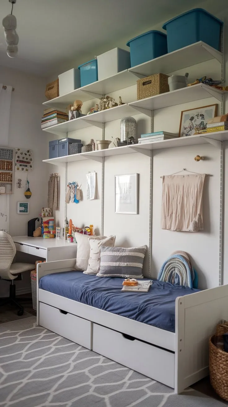 A bright playroom features a comfy blue daybed, IKEA storage, and playful accents perfect for kids and relaxation