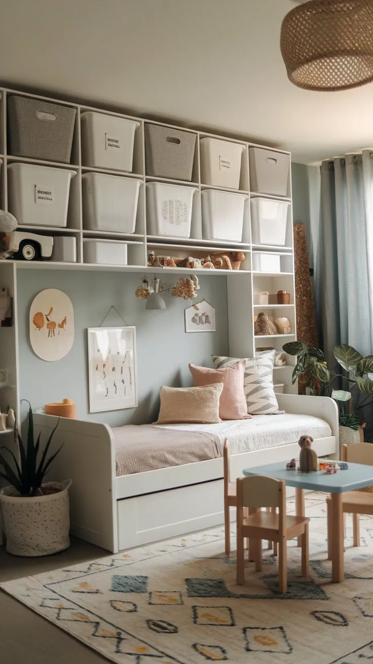 A serene Ikea daybed anchors a light-filled playroom, its toy-filled shelves and calming décor creating a perfect child's haven