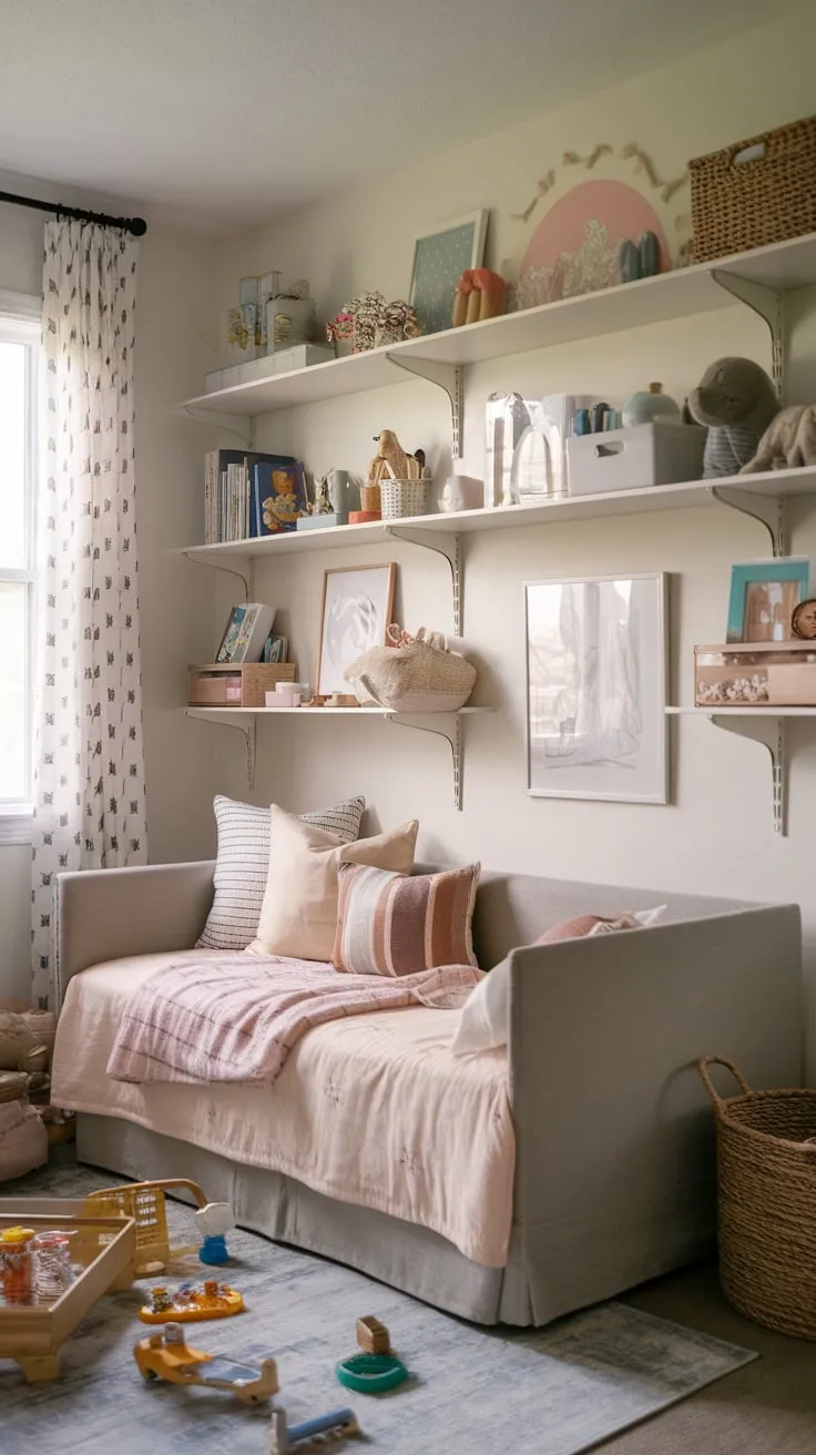 A cozy playroom corner features a daybed perfect for naps amidst toy-filled shelves and a soft rug