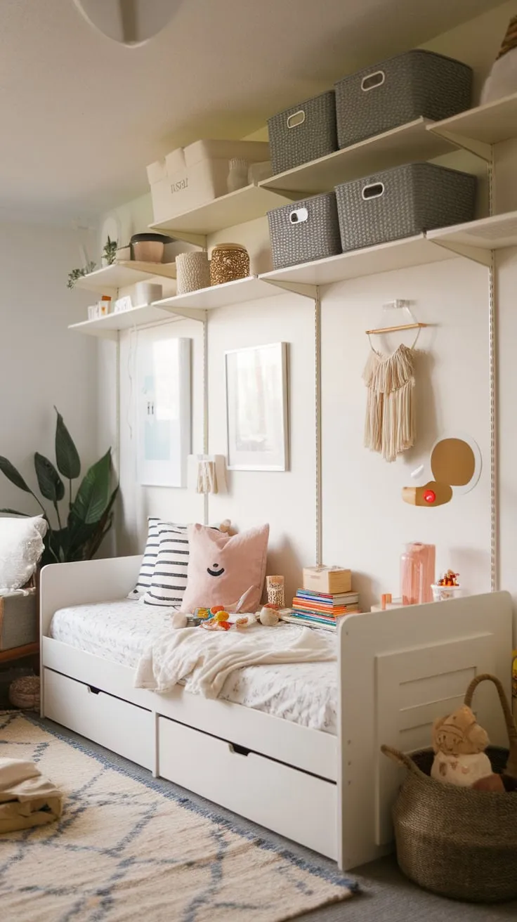 A bright and inviting IKEA playroom features a comfy daybed, ample storage, and playful touches creating a warm space for fun and rest