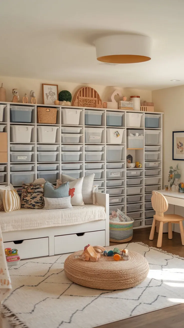 A warm playroom seamlessly blends playful energy with a restful daybed and practical storage, creating a child's haven.