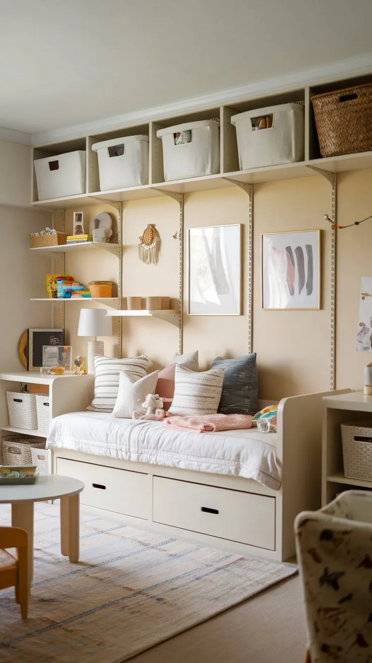 A bright and inviting playroom features a comfy daybed, perfect for playtime and rest, surrounded by organized toys and cheerful furniture.